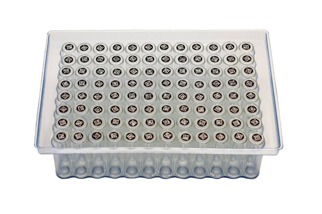1.0ml Clear Borosilicate Glass Flat Bottom 9x30mm Vial with bottom barcode label, in vial loader, 5 racks of 96