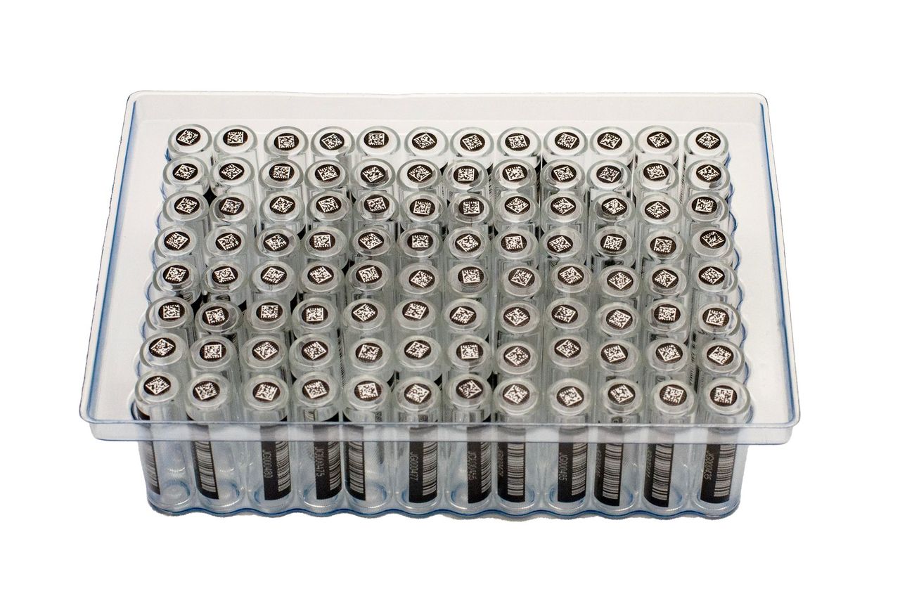 1.0ml Clear Borosilicate Glass Flat Bottom 9x30mm Vial with bottom and side barcode labels, in vial loader, 5 racks of 96