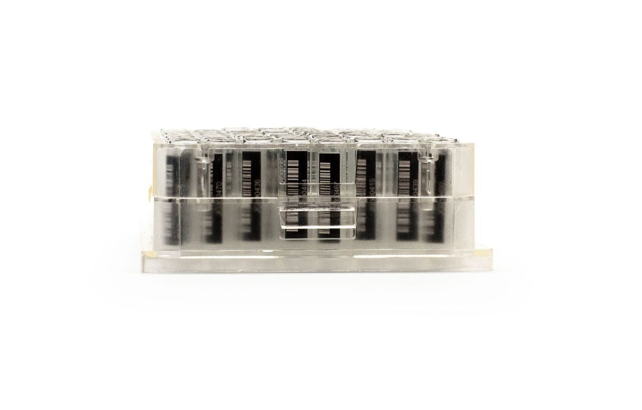 1.0ml Clear Borosilicate Glass Flat Bottom 9x30mm Vial with bottom and side barcode labels, in MTP base plate, 5 racks of 96