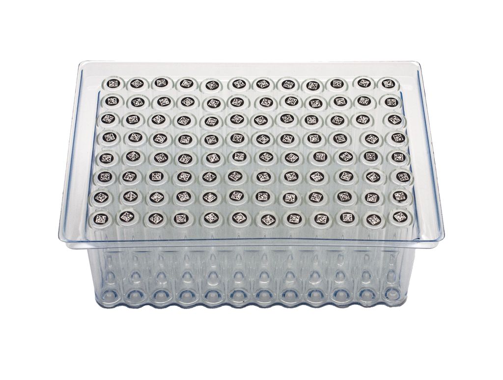 1.5ml Clear Borosilicate Glass Flat Bottom 9x44mm Vial with bottom barcode label, in vial loader, 5 racks of 96