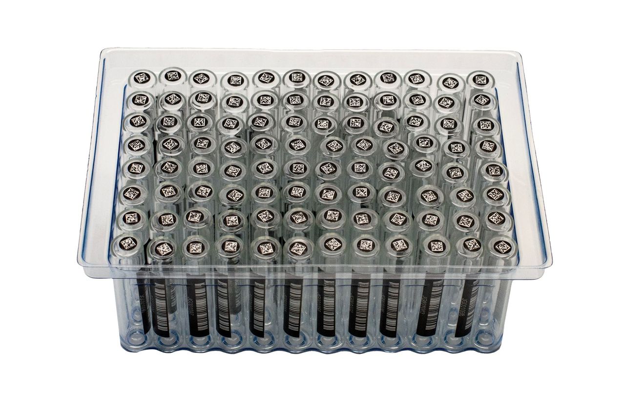 1.5ml Clear Borosilicate Glass Flat Bottom 9x44mm Vial with bottom and side barcode labels, in vial loader, 5 racks of 96