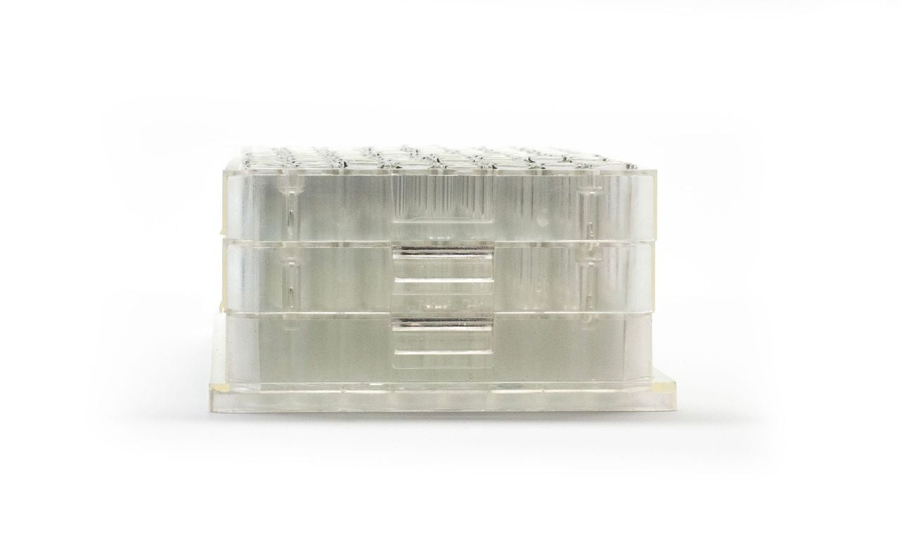 1.5ml Clear Borosilicate Glass Flat Bottom 9x44mm Vial with bottom barcode label, in MTP base plate, 5 racks of 96