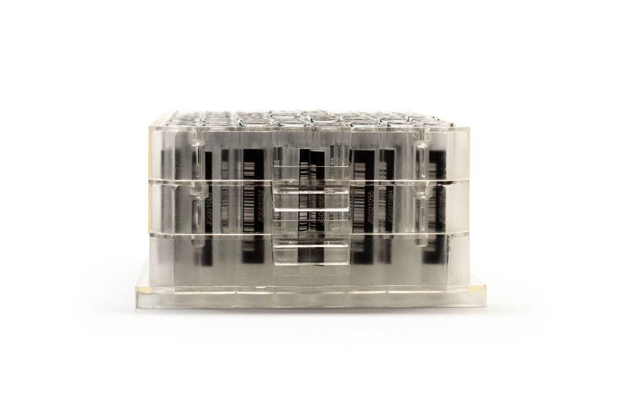 1.5ml Clear Borosilicate Glass Flat Bottom 9x44mm Vial with bottom and side barcode labels, in MTP base plate, 5 racks of 96