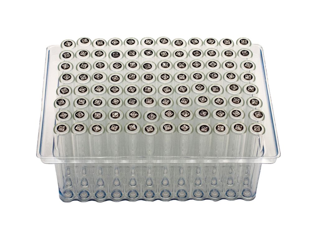 2.0ml Clear Borosilicate Glass Flat Bottom 9x50mm Vial with bottom barcode label, in vial loader, 5 racks of 96