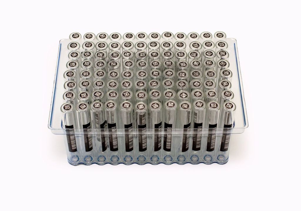 2.0ml Clear Borosilicate Glass Flat Bottom 9x50mm Vial with bottom and side barcode labels, in vial loader, 5 racks of 96