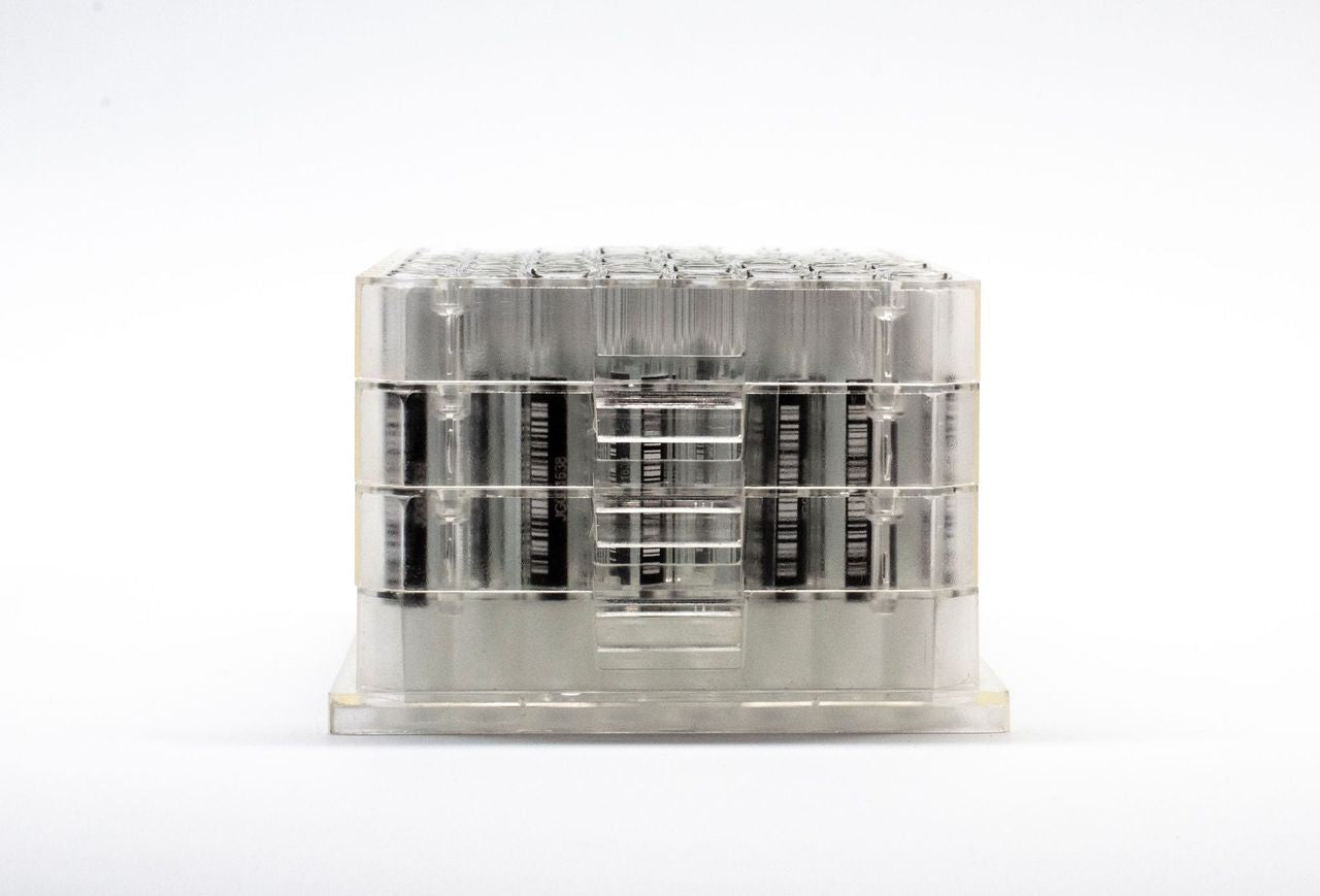 2.0ml Clear Borosilicate Glass Flat Bottom 9x50mm Vial with bottom and side barcode labels, in MTP base plate, 5 racks of 96