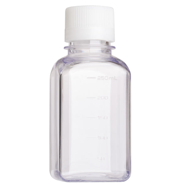 250mL Media Bottle, Square, PETG, Bulk, Sterile