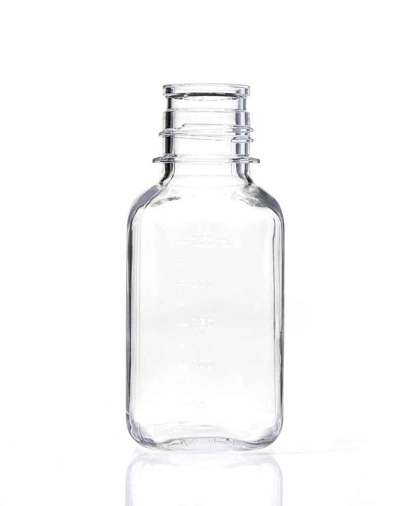 EZBio® Square Bottle, 250mL, PETG, Non-Sterile, 38-430mm Neck, No Cap, 30/cs