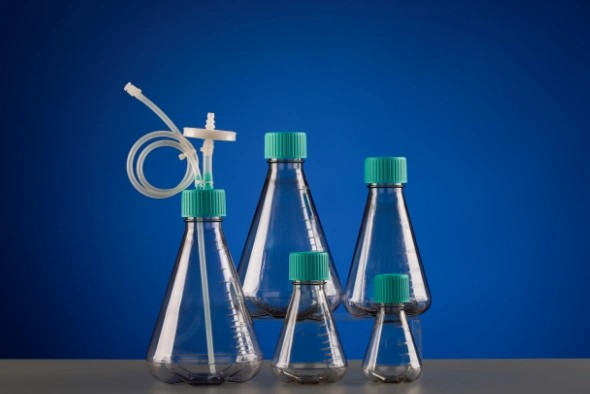 1000 mL Erlenmeyer Flask Bi-Directional Transfer Cap with TPE Tube  (50cm1/8" ID 1/4" OD), Heat seal , Vent Filter (0.22 μm  13.8cm2), without Flask, Sterile, 1/pk, 4/cs