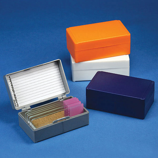 Slide Box for 12 Slides, Cork Lined, 5 Assorted Colors (Gray, Blue, Dark Gray, Orange and White)