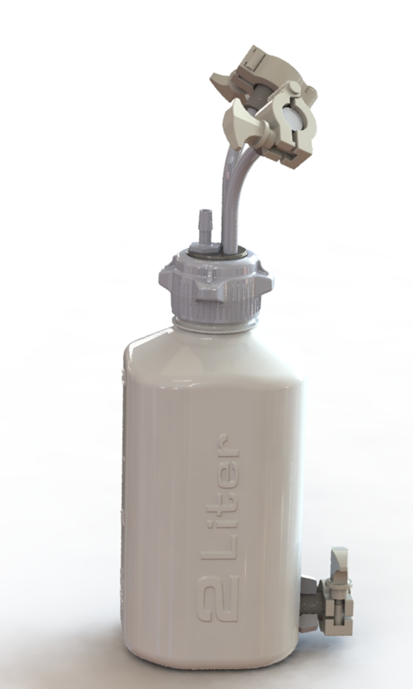 EZBio® Rigid Reservoir, PP, 2L HD Bottle, 53B VersaCap® with 2x Mini TC and 1x 3/8"HB, Bottom Mini TC, Non-Sterile