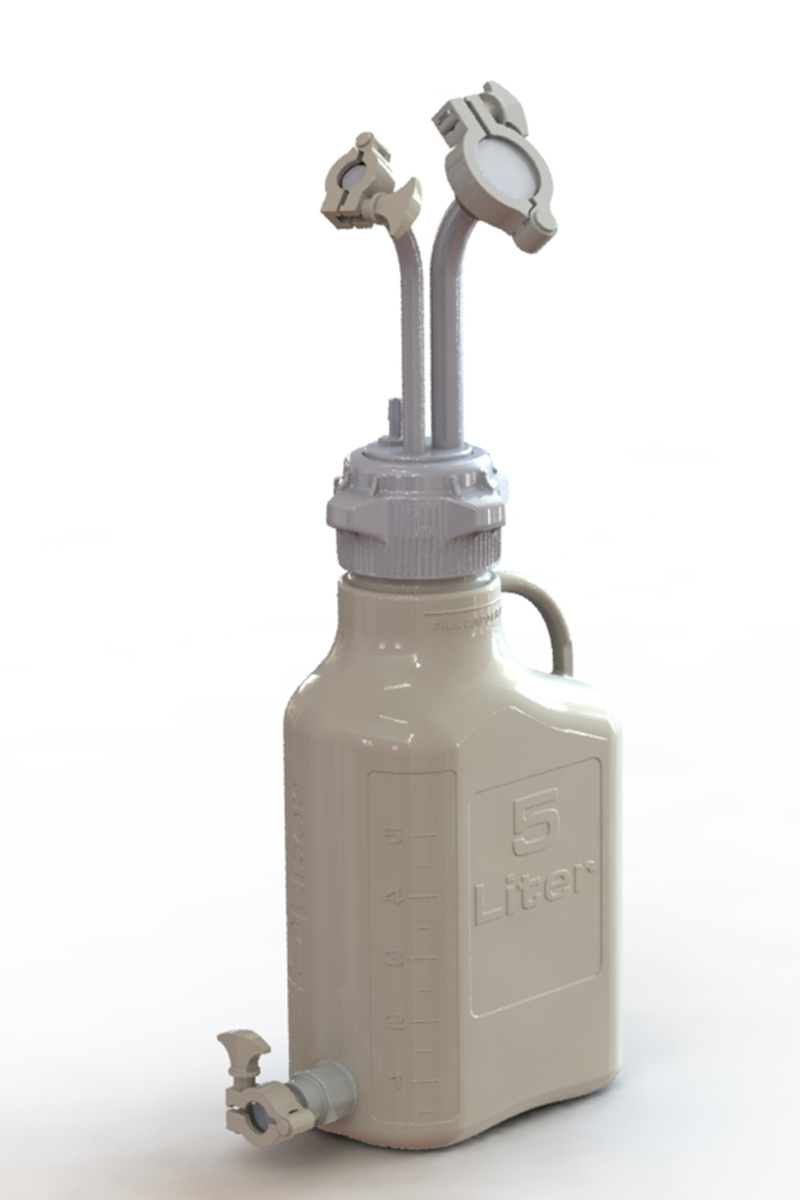 EZBio® Rigid Reservoir, PP, 5L rectangular Carboy, 83B VersaCap® with 1x Mini TC, 1x Maxi TC and 1x 3/8"HB, Bottom Mini TC, Non-Sterile