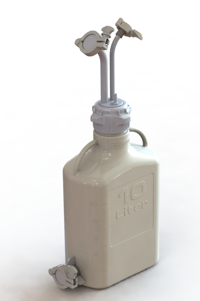 EZBio® Rigid Reservoir, PP, 10L rectangular carboy, 83B VersaCap® with 1x Mini TC, 1x Maxi TC and 1x 3/8"HB, Bottom Maxi TC, Non-Sterile