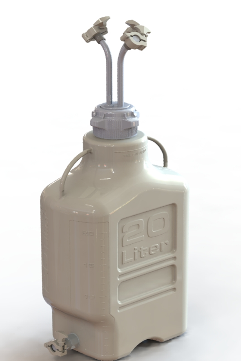 EZBio® Rigid Reservoir, PP, 20L rectangular carboy, 83B VersaCap® with 3x Mini TC and 1x 3/8"HB, Bottom Mini TC Non-Sterile