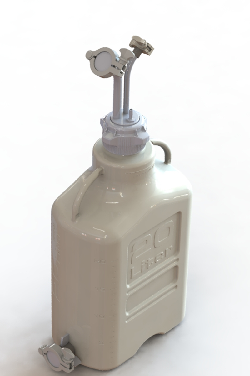EZBio® Rigid Reservoir, PP, 20L rectangular carboy, 83B VersaCap® with 1x Mini TC, 1x Maxi TC and 1x 3/8"HB, Bottom Maxi TC Non-Sterile