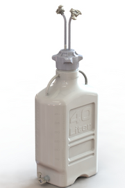 EZBio® Rigid Reservoir, PP, 40L rectangular carboy, 120mm VersaCap® with 3x Mini TC and 1x 3/8"HB, Bottom Mini TC, Non-Sterile