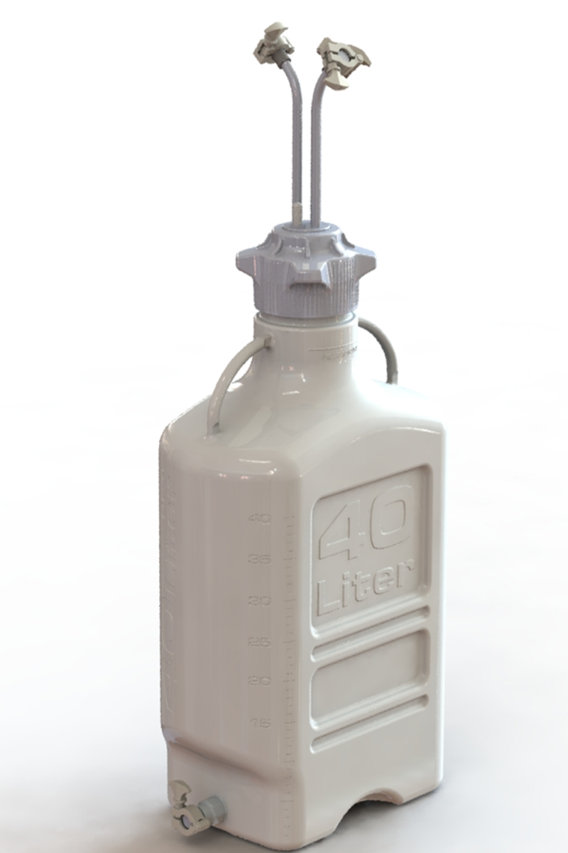 EZBio® Rigid Reservoir, PP, 40L rectangular carboy, 120mm VersaCap® with 3x Mini TC and 1x 3/8"HB, Bottom Mini TC, Non-Sterile