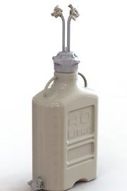 EZBio® Rigid Reservoir, PP, 40L rectangular carboy, 120mm VersaCap® with 4x Mini TC and 1x 3/8"HB, Bottom Maxi TC, Non-Sterile