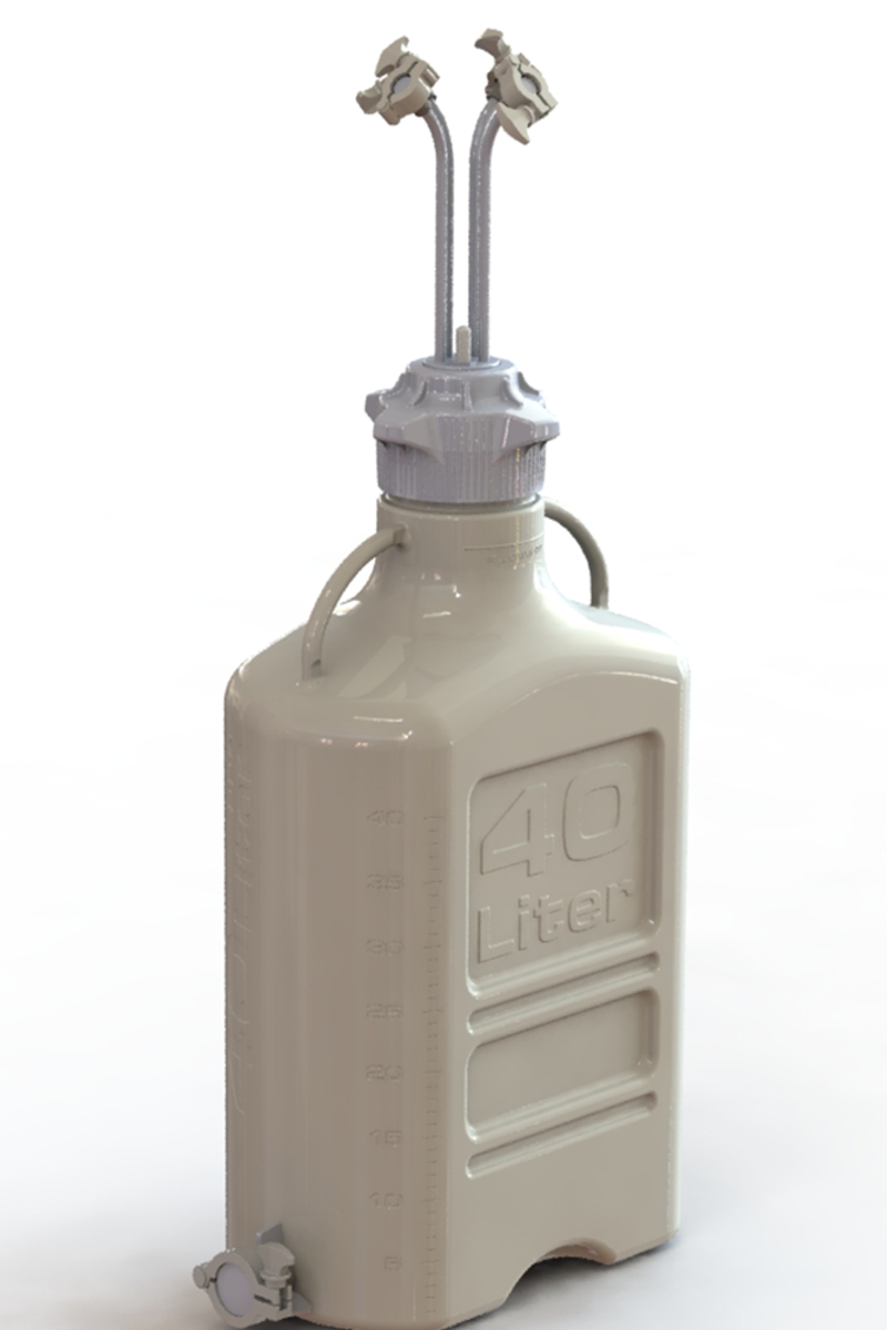 EZBio® Rigid Reservoir, PP, 40L rectangular carboy, 120mm VersaCap® with 4x Mini TC and 1x 3/8"HB, Bottom Maxi TC, Non-Sterile