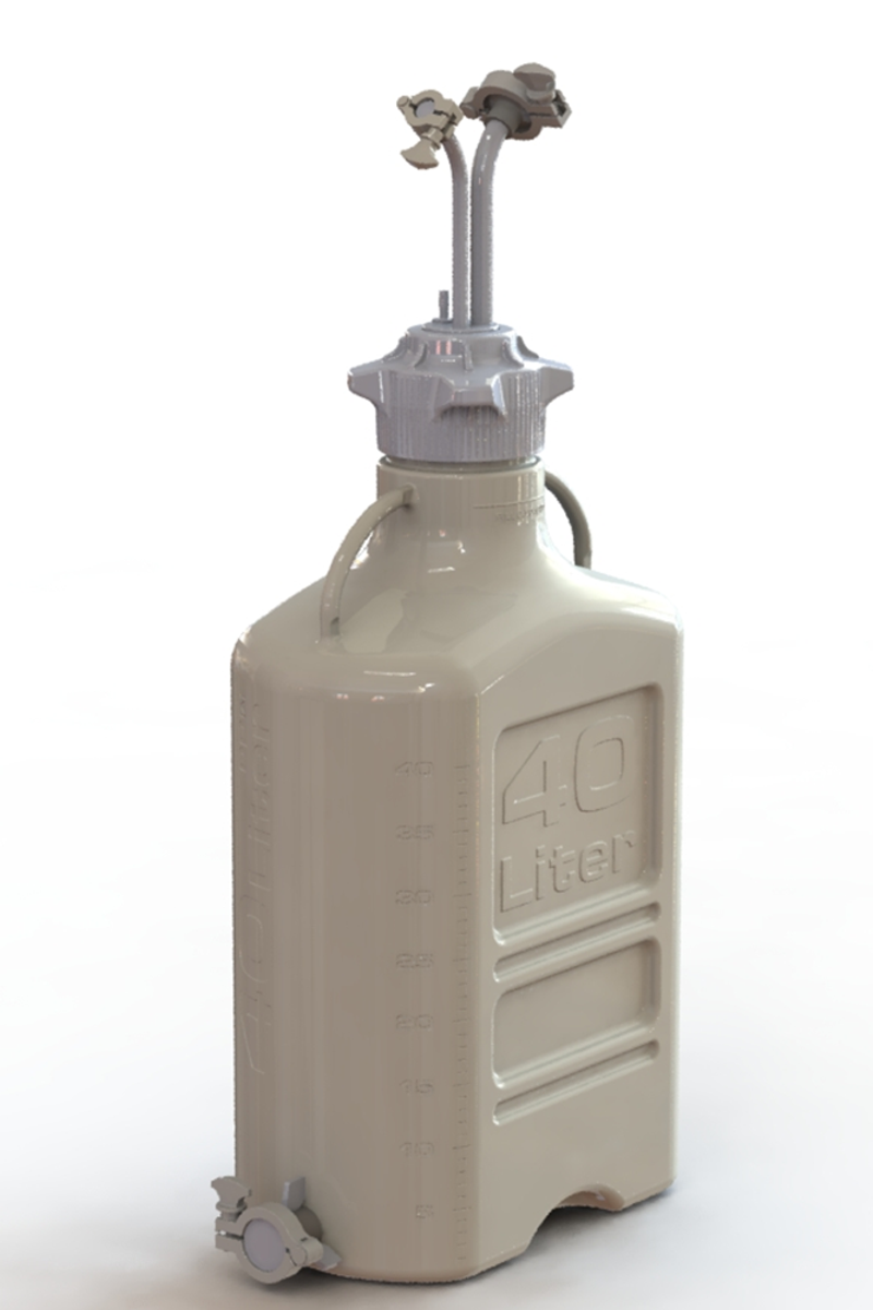 EZBio® Rigid Reservoir, PP, 40L rectangular carboy, 120mm VersaCap® with 1x Mini TC, 1x Maxi TC and 1x 3/8"HB, Bottom Maxi TC, Non-Sterile
