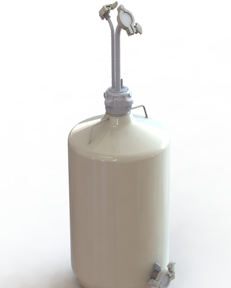 EZBio® Rigid Reservoir, PP, 50L round carboy, 83B VersaCap® with 1x Mini TC, 1x Maxi TC and 1x 3/8"HB, Bottom Maxi TC, Non-Sterile