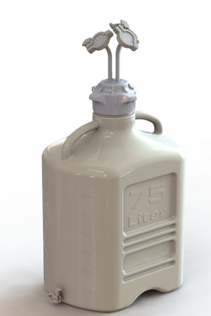 EZBio® Rigid Reservoir, PP, 75L rectangular carboy, 120mm VersaCap® with 3x Maxi TC and 1x 3/8"HB, Bottom Mini TC, Non-Sterile