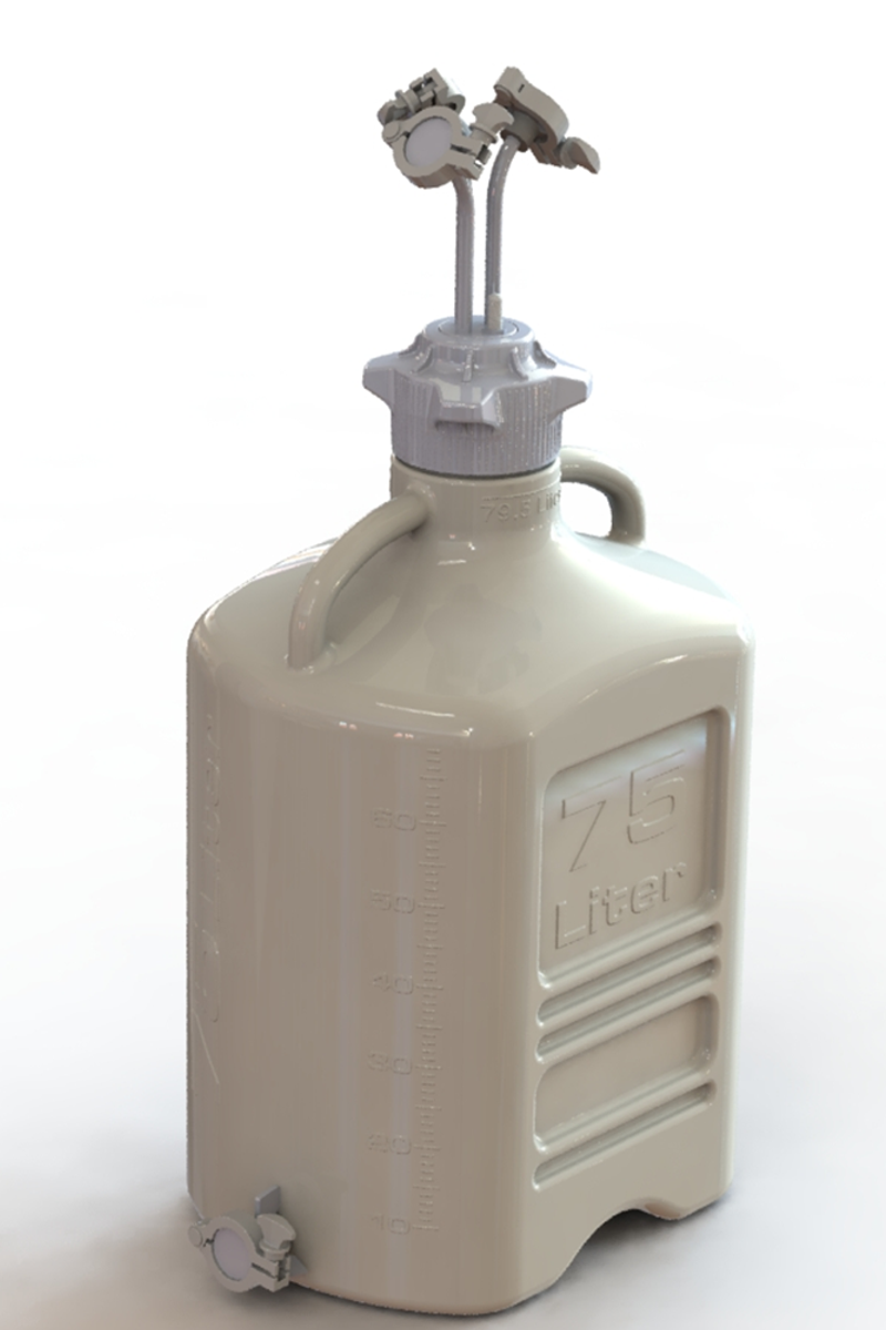 EZBio® Rigid Reservoir, PP, 75L rectangular carboy, 120mm VersaCap® with 3x Maxi TC and 1x 3/8"HB, Bottom Maxi TC, Non-Sterile