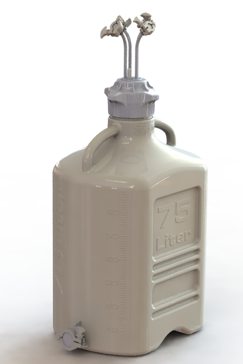 EZBio® Rigid Reservoir, PP, 75L rectangular carboy, 120mm VersaCap® with 4x Mini TC and 1x 3/8"HB, Bottom Maxi TC Non-Sterile