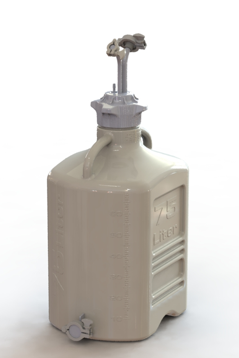 EZBio® Rigid Reservoir, PP, 75L rectangular carboy, 120mm VersaCap® with 1x Mini TC, 1x Maxi TC and 1x 3/8"HB, Bottom Maxi TC, Non-Sterile