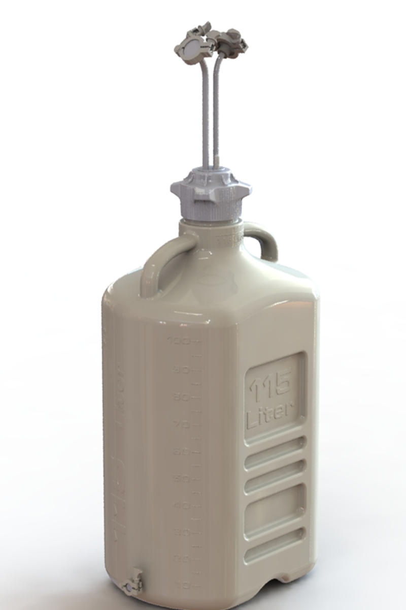 EZBio® Rigid Reservoir, PP, 115L rectangular carboy, 120mm VersaCap® with 3x Maxi TC and 1x 3/8"HB, Bottom Mini TC, Non-Sterile