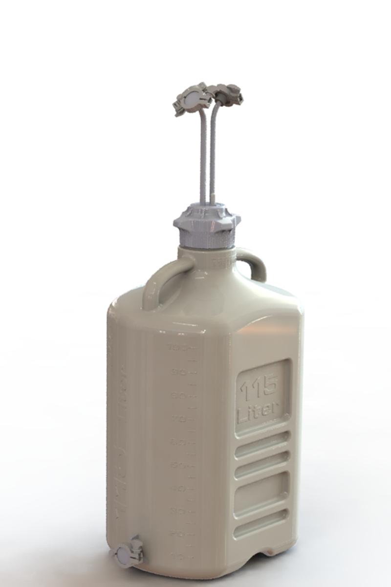 EZBio® Rigid Reservoir, PP, 115L rectangular carboy, 120mm VersaCap® with 3x Maxi TC and 1x 3/8"HB, Bottom Maxi TC, Non-Sterile