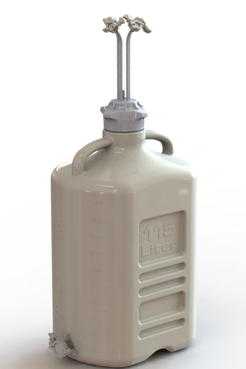 EZBio® Rigid Reservoir, PP, 115L rectangular carboy, 120mm VersaCap® with 4x Mini TC and 1x 3/8"HB, Bottom Maxi TC Non-Sterile