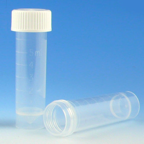 Transport Tube, 5mL, with Separate Yellow Screw Cap, PP, Conical Bottom, Self-Standing, Molded Graduations