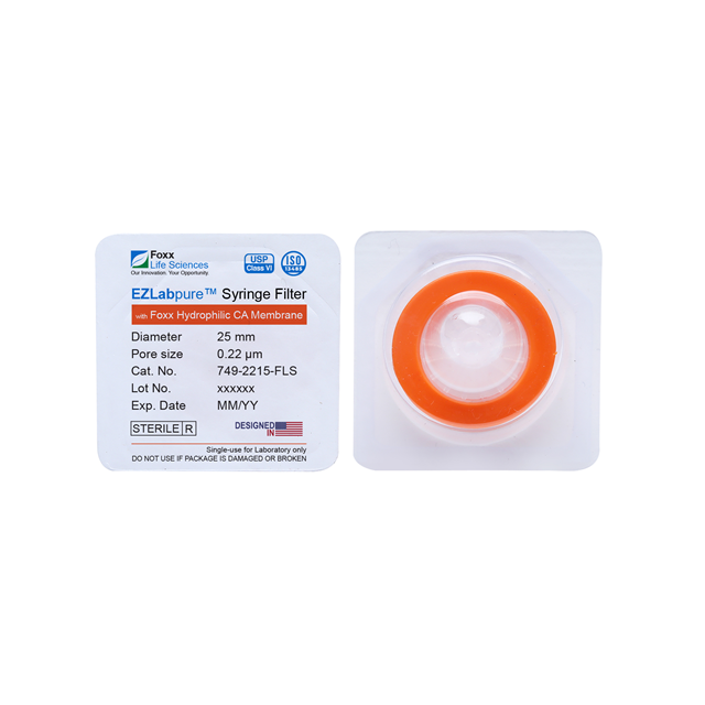 EZlabpure™ Hydrophilic Cellulose Acetate (CA) Syringe Filters, 0.22 µm Sterilizing Membrane, 25 mm, Sterile, 100/PK