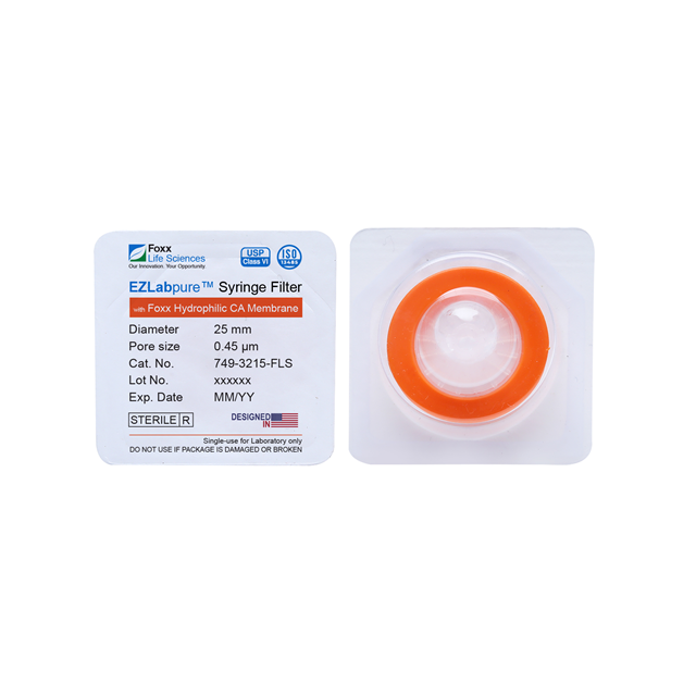EZlabpure™ Hydrophilic Cellulose Acetate (CA) Syringe Filters, 0.45 µm Membrane for Clarification or Prefiltration, 25 mm, Sterile, 100/PK