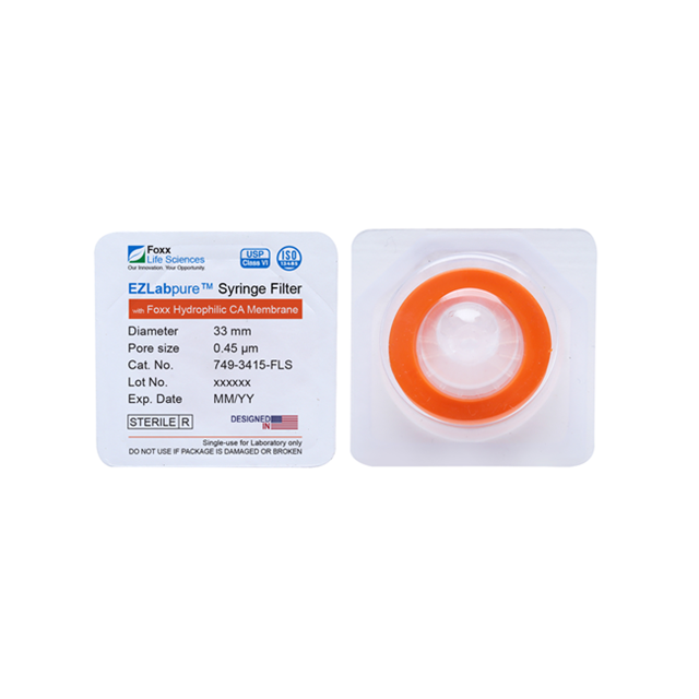 EZlabpure™ Hydrophilic Cellulose Acetate (CA) Syringe Filters, 0.45 µm Membrane for Clarification or Prefiltration, 33 mm, Sterile, 100/PK