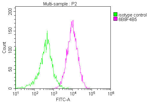 Overlay histogram showing Jurkat cells stained with CSB-MA004960A1m (red line) at 1:200. The cells were fixed in 4% formaldehyde and permeated by 0.2% TritonX-100. Then 10% normal goat serum was Incubated to block non-specific protein-protein inte...