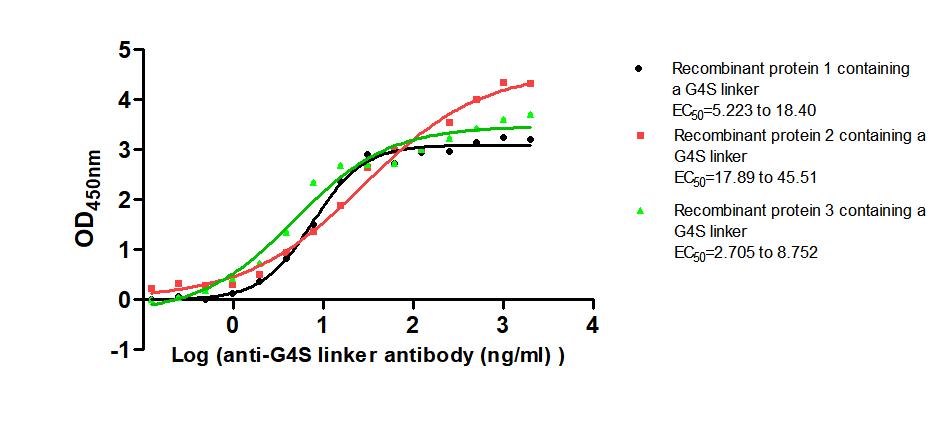 The Binding Activity of G4S linker with Anti-G4S linker antibody Activity: Measured by its binding ability in a functional ELISA. Immobilized Three recombinant proteins containing G4S linker at 2 ug/mL can bind Anti-G4S linker antibody. The EC50 i...