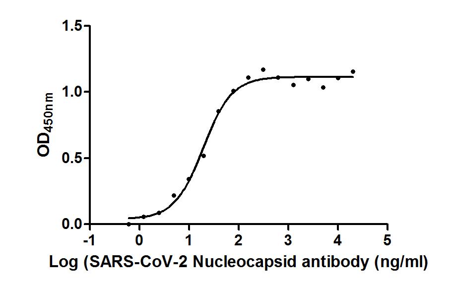 The Binding Activity of SARS-CoV-2-N Antibody with SARS-CoV-2-N Activity: Measured by its binding ability in a functional ELISA. Immobilized SARS-CoV-2-N (CSB-YP3325GMY) at 2 ug/ml can bind SARS-CoV-2-N Antibody, the EC50 is 15.36 to 23.97 ng/ml.