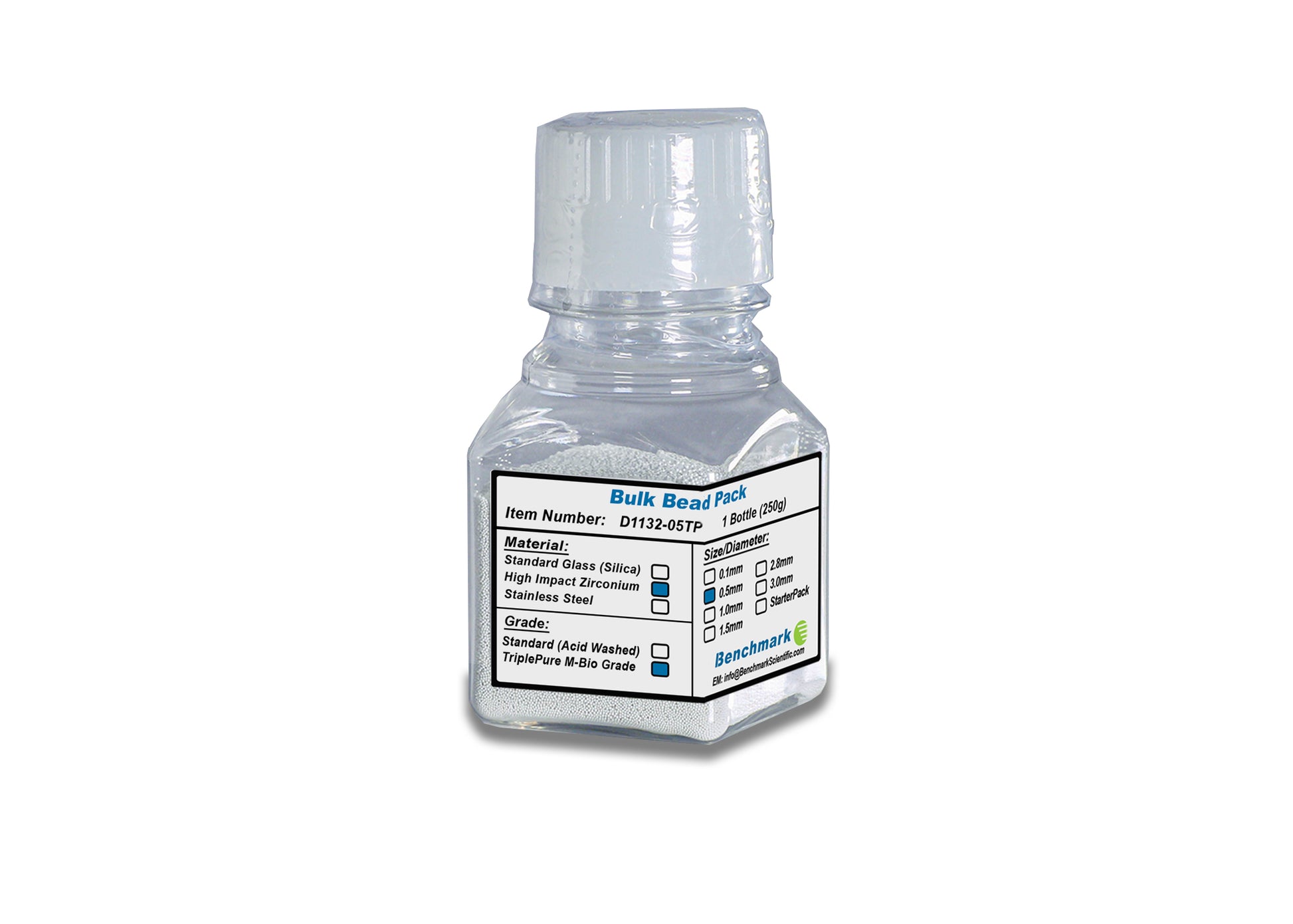 0.5Mm Zirconium Beads, Triple-Pure Molecular Biology Grade, 250G Bottle - Bead Media for Homogenizers - Benchmark Scientific