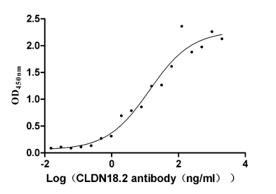 The Binding Activity of Human CLDN18.2 with Anti-CLDN18.2 recombinant antibody.; Activity: Measured by its binding ability in a functional ELISA. Immobilized Human CLDN18.2 at 5 Âµg/mL can bind Anti-CLDN18.2 recombinant antibody, the EC50 is 2.947-8.782 ng/mL.