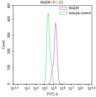 Overlay Peak curve showing Hela cells stained with RAC07821 (red line) at 1:400. Then 10% normal goat serum was Incubated to block non-specific protein-protein interactions followed by the antibody (1ug/1*106cells) for 45 min at 4Â°C. The secondary antibody used was FITC-conjugated Goat Anti-Mouse IgG(H+L) at 1/200 dilution for 35 min at 4Â°C. Isotype control antibody (green line) was mouse IgG1 (1ug/1*106cells) used under the same conditions. Acquisition of >10, 000 events was performed.