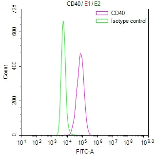 Overlay Peak curve showing THP-1 cells stained with RAC07839 (red line) at 1:100. Then 10% normal goat serum was Incubated to block non-specific protein-protein interactions followed by the antibody (1ug/1*106cells) for 45 min at 4Â°C. The secondary antibody used was FITC-conjugated Goat Anti-Mouse IgG(H+L) at 1/200 dilution for 35 min at 4Â°C. Isotype control antibody (green line) was mouse IgG1 (1ug/1*106cells) used under the same conditions. Acquisition of >10,012 events was performed.