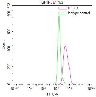 Overlay Peak curve showing Hela cells stained with RAC07890 (red line) at 1:50. Then 10% normal goat serum was Incubated to block non-specific protein-protein interactions followed by the antibody (1ug/1*106cells) for 45 min at 4Â°C. The secondary antibody used was FITC-conjugated Goat Anti-Mouse IgG(H+L) at 1/200 dilution for 35 min at 4Â°C. Isotype control antibody (green line) was mouse IgG1 (1ug/1*106cells) used under the same conditions. Acquisition of >10, 008 events was performed.