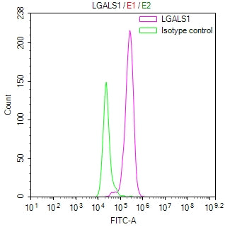 Overlay Peak curve showing 3T3 cells stained with RAC07897 (red line) at 1:100. Then 10% normal goat serum was Incubated to block non-specific protein-protein interactions followed by the antibody (1ug/1*106cells) for 45 min at 4Â°C. The secondary antibody used was FITC-conjugated Goat Anti-Mouse IgG(H+L) at 1/200 dilution for 35 min at 4Â°C. Isotype control antibody (green line) was mouse IgG1 (1ug/1*106cells) used under the same conditions. Acquisition of >10, 007 events was performed.