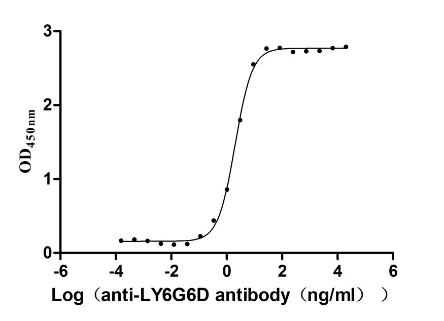 The Binding Activity of Human LY6G6D with Anti-LY6G6D Recombinant Antibody; Activity: Measured by its binding ability in a functional ELISA. Immobilized Human LY6G6D at 2 ug/ml can bind Anti-LY6G6D recombinant antibody. The EC50 is 1.840-2.204 ng/ml.