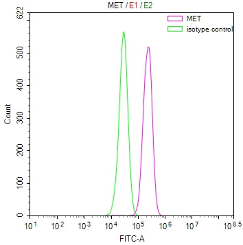 Overlay Peak curve showing Hela cells stained with RAC07903 (red line) at 1:100. Then 10% normal goat serum was Incubated to block non-specific protein-protein interactions followed by the antibody (1ug/1*106cells) for 45 min at 4Â°C. The secondary antibody used was FITC-conjugated Goat Anti-Mouse IgG(H+L) at 1/200 dilution for 35 min at 4Â°C. Isotype control antibody (green line) was mouse IgG1 (1ug/1*106cells) used under the same conditions. Acquisition of >10,000 events was performed.