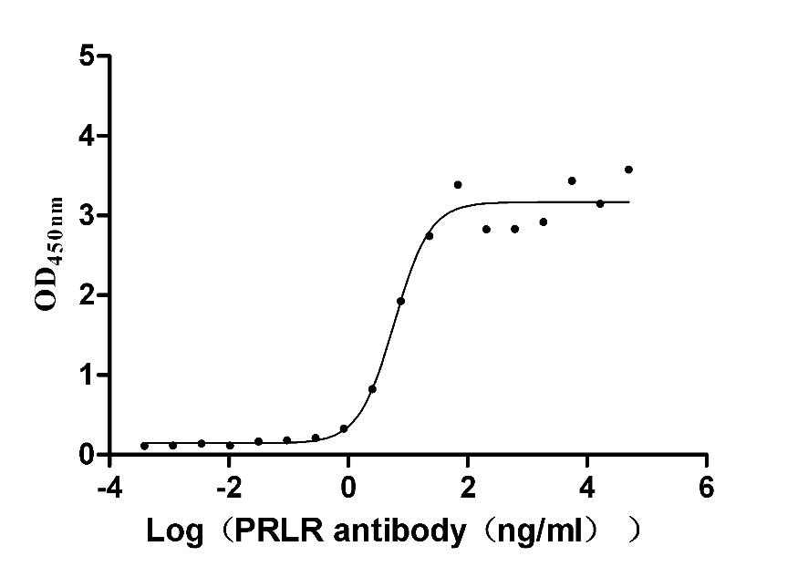 The Binding Activity of Mouse Prlr with Anti-PRLR recombinant antibody; Activity: Measured by its binding ability in a functional ELISA. Immobilized Mouse Prlr at 5 ug/ml can bind Anti-PRLR recombinant antibody, the EC50 is 4.021-8.706 ng/ml.