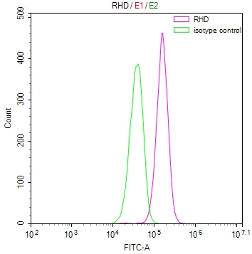 Overlay Peak curve showing Hela cells stained with RAC07922 (red line) at 1:100. Then 10% normal goat serum was Incubated to block non-specific protein-protein interactions followed by the antibody (1ug/1*106cells) for 45 min at 4Â°C. The secondary antibody used was FITC-conjugated Goat Anti-Mouse IgG(H+L) at 1/200 dilution for 35 min at 4Â°C. Isotype control antibody (green line) was mouse IgG1 (1ug/1*106cells) used under the same conditions. Acquisition of >10, 000 events was performed.