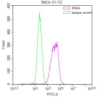 Overlay Peak curve showing SH-SY5Y cells stained with RAC07929 (red line) at 1:100. Then 10% normal goat serum was Incubated to block non-specific protein-protein interactions followed by the antibody (1ug/1*106cells) for 45 min at 4Â°C. The secondary antibody used was FITC-conjugated Goat Anti-Mouse IgG(H+L) at 1/200 dilution for 35 min at 4Â°C. Isotype control antibody (green line) was mouse IgG1 (1ug/1*106cells) used under the same conditions. Acquisition of >10,000 events was performed.